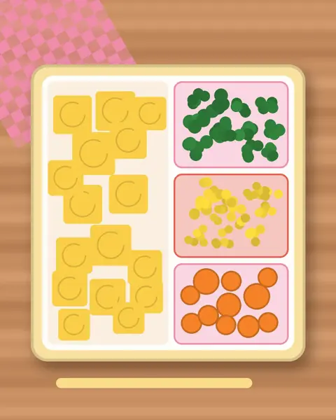Illustration of Tamagoyaki with Spinach Swirl in a colourful bento box
